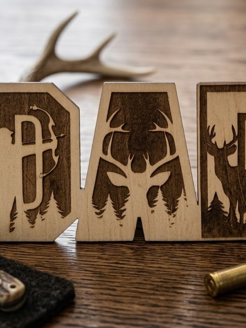 Wooden DAD Block Sign with Deer Silhouette - Natural Brown